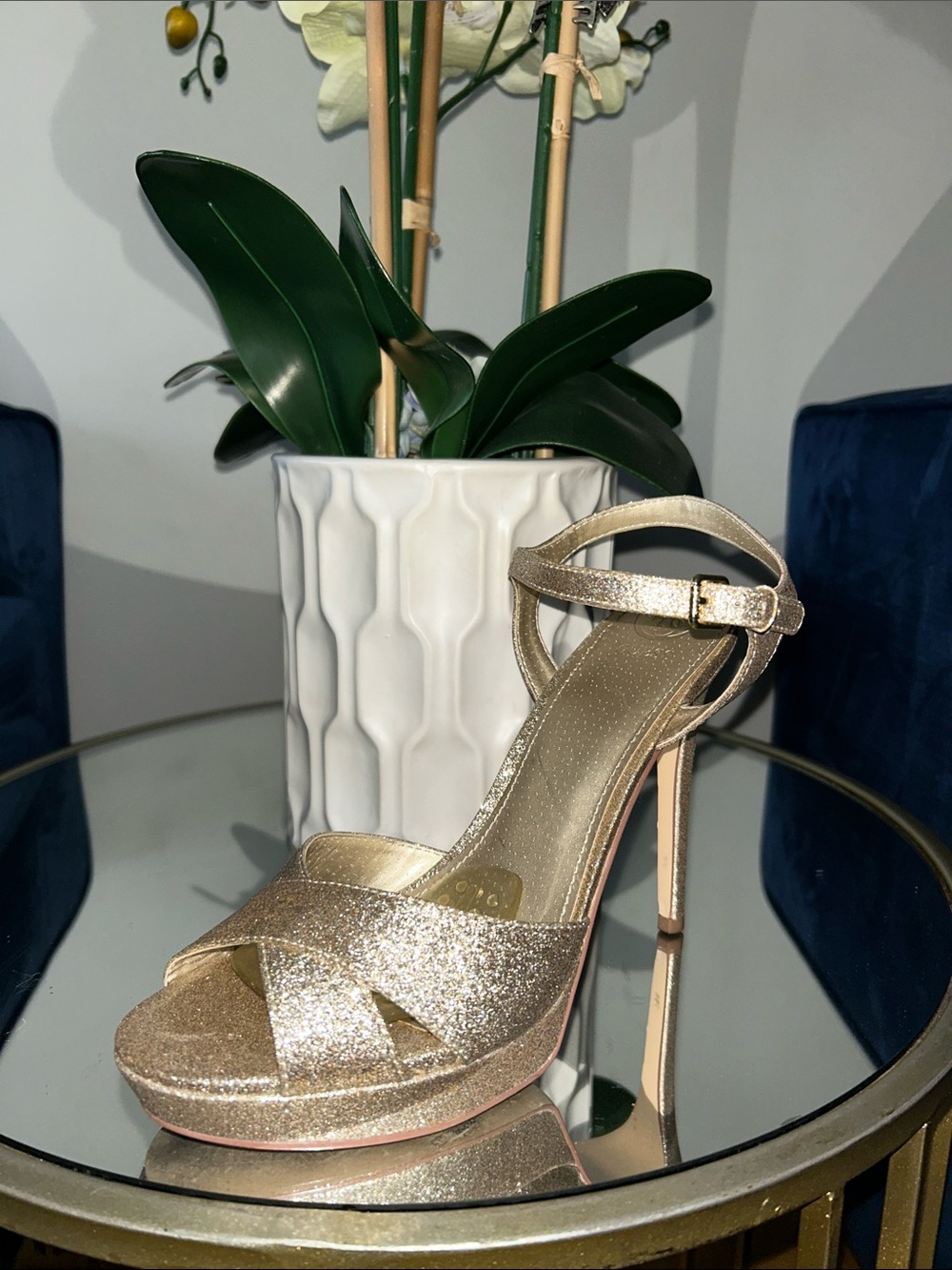 Guess Gold Glitter Platform Ankle-Strap Heel